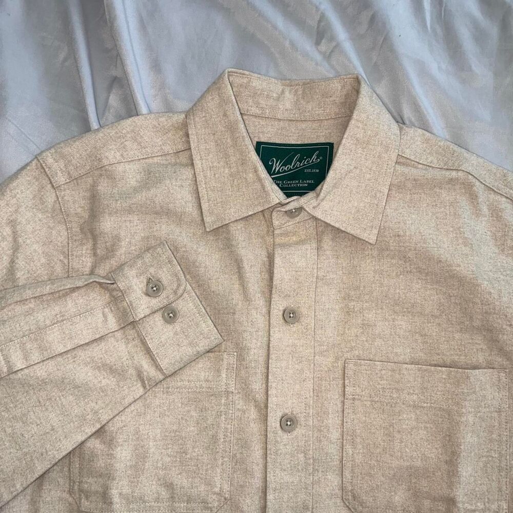 Woolrich Green Label Button Up Shirt Beige Tan Men’s Small 100% Cotton